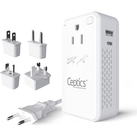 Ceptics 200W Step Down Voltage Converter - 220v to 110v Voltage Converter for Curling Iron, Straightener, Charger – USB-A & C Fast Charging – Type C Power Cord with A, G, I, E/F Plugs Included