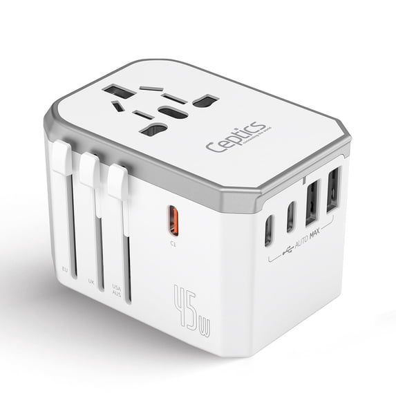 Ceptics 6-in-1 Universal Travel Adapter with USB-C and USB-A Ports, 45W for Global Use (UP-45KU-WH)