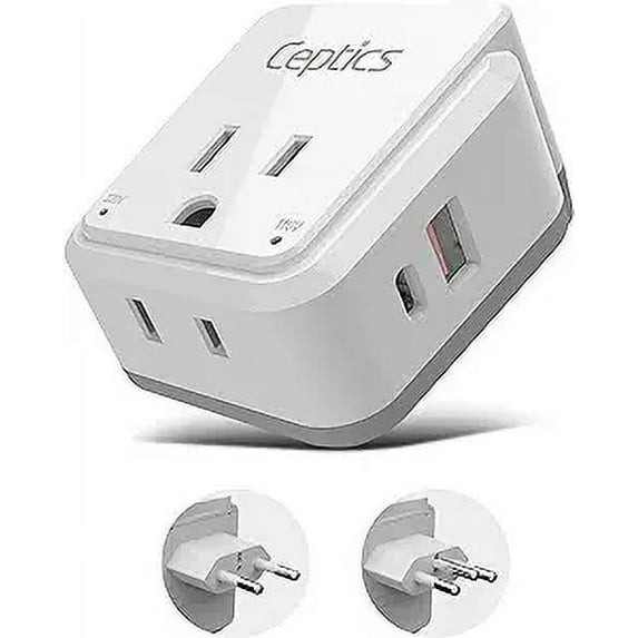 Ceptics Brazil Power Plug Adapter Travel Set, 20W PD & QC, Safe Dual USB & USB-C 3.1A - 2 USA Socket - Compact & Powerful - Also Use in Peru, Chile - Includes Type C, Type N Swadapt Attachments