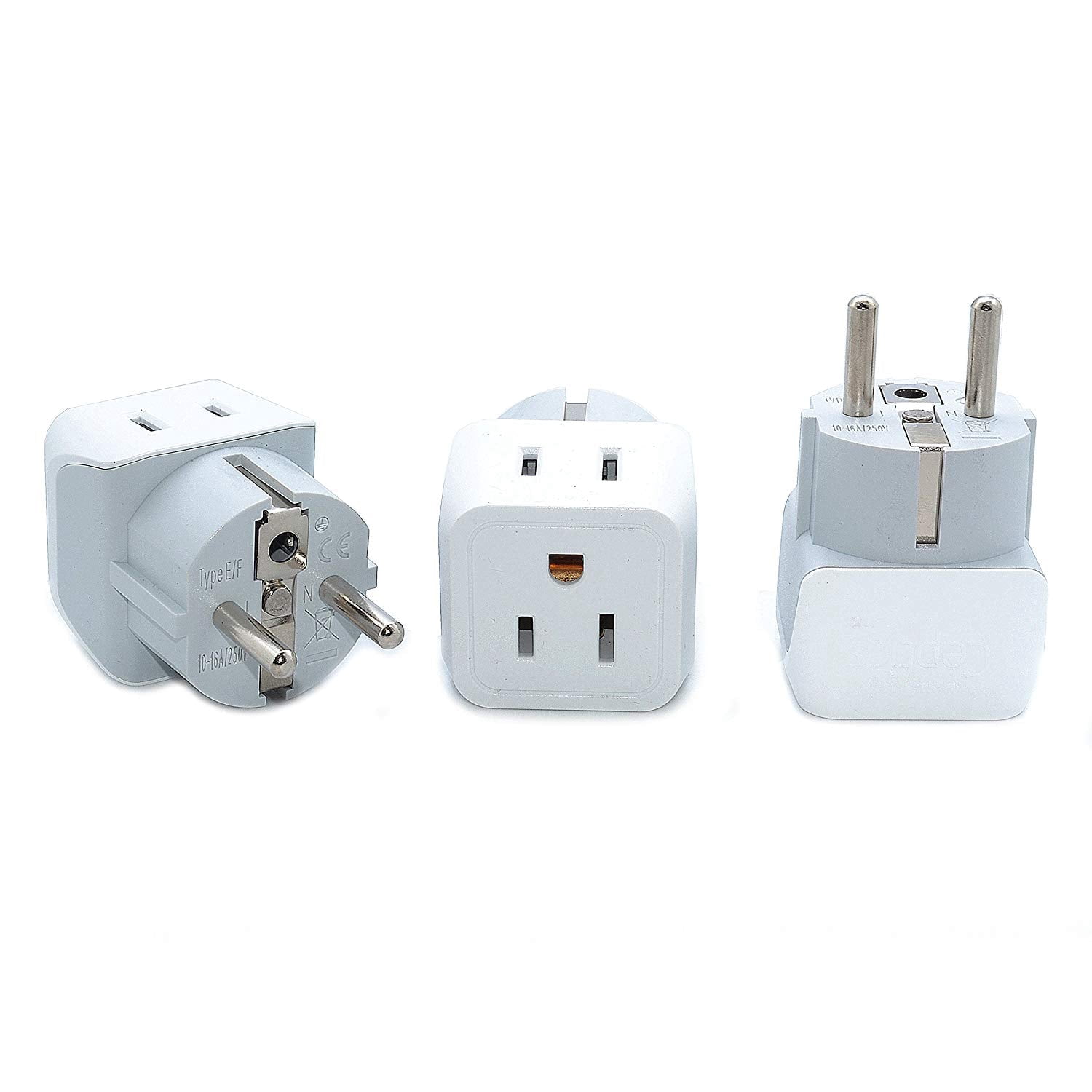 Ceptics CT-9 European Schuko German, France Travel Adapter Plug - Type E/F (3-Pack)