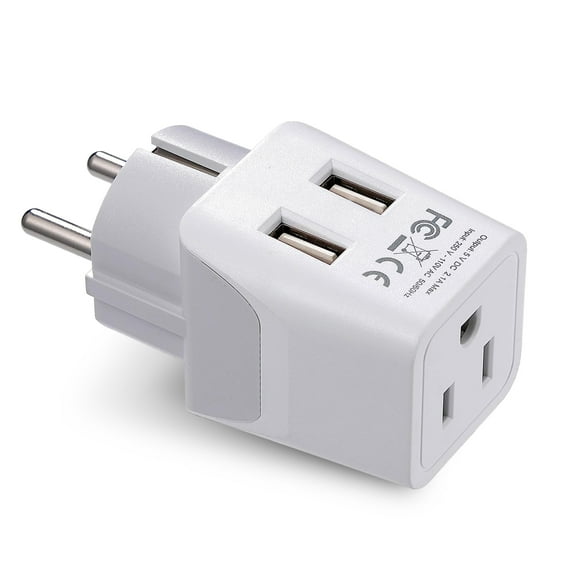 Ceptics CTU-9 European Schuko German, France Travel Adapter Plug - Type E/F - Dual USB Devices