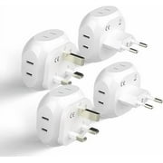 Ceptics Europe Travel Adapter Plug Set Schuko - 4 Input - Ultra Compact - Light Weight Type C, Type G - USA to Any Type C, G Countries UK, Ireland, Germany, France - 4 Pack PT-9C-7-4PK,White