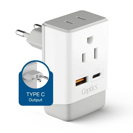 Ceptics European Plug Adapter, International Power Plug with USB & USB-C - 2 USA Socket, QC 3.0 & PD -Type C Outlet Adaptor Charger for Spain France Germany Greece Turkey Portugal, Fast Charging price history and forecast - Ceptics AP-9C
