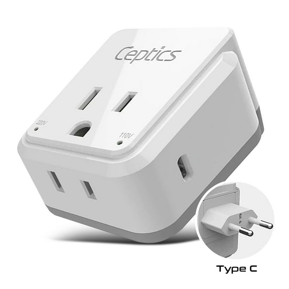 Ceptics European Plug Adapter, Safe USB-C 30W PD & QC 3.0-2 USA Socket - Compact & Powerful - Use in Greece, Italy, Switzerland, Turkey, Portugal - Includes Type C Swadapt Attachment