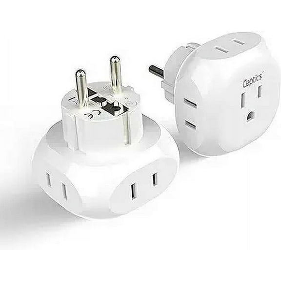 Ceptics European Schuko Travel Plug Adapter Germany France Adapter Charger 4 Input - USA to Any Type E/F Countries Such as Germany, France and More - 2 Pack (PT-9), White