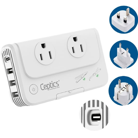 Ceptics European Travel Voltage Converter, 200W Adapter for Curling Iron, Straightener, Charger, Step Down World Power Plug - 4 USB PD 18W Fast Charging - SWadApt Compatible - Type C, E/F, G Included