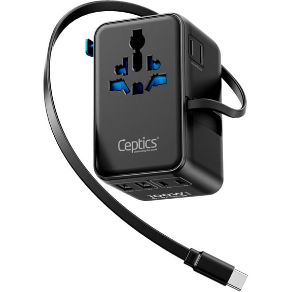 Ceptics GAN 100W Universal Travel Adapter with Retractable USB-C Cable, 2X USB-A & C, Universal Input and 1x USA/JP Input, 7 in 1 Universal Adapter for Worldwide Travel - Type A, C, G, I Output