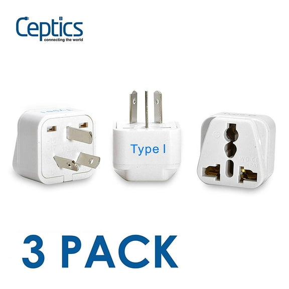 Ceptics Grounded Universal Plug Adapter for Australia, China (Type I) - 3 Pack