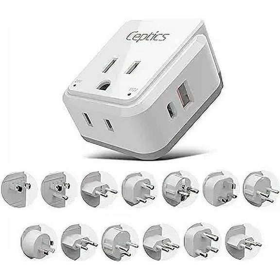 Ceptics International Power Plug Adapter Travel Set, 20W PD & QC, Safe Dual USB & USB-C 3.1A - 2 USA Outlet - Compact - Use Europe, Asia, Africa In Worldwide - Includes 13 Type SWadAPt Attachments