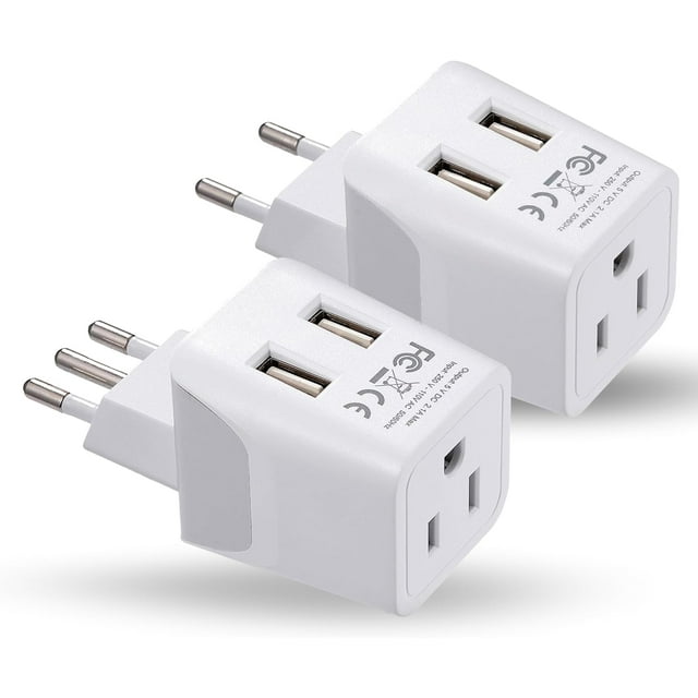 Ceptics Italy, Europe Travel Adapter Plug Set 2 Pack with 2 USB