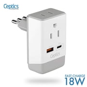 Ceptics Italy Travel Adapter, QC 3.0 & PD, Safe Dual USB & USB-C - 2 USA Socket Compact & Powerful - Use in Uruguay, Libya, Syria, Tunisia, Chile - Type L AP-12 - Fast Charging AP-12A