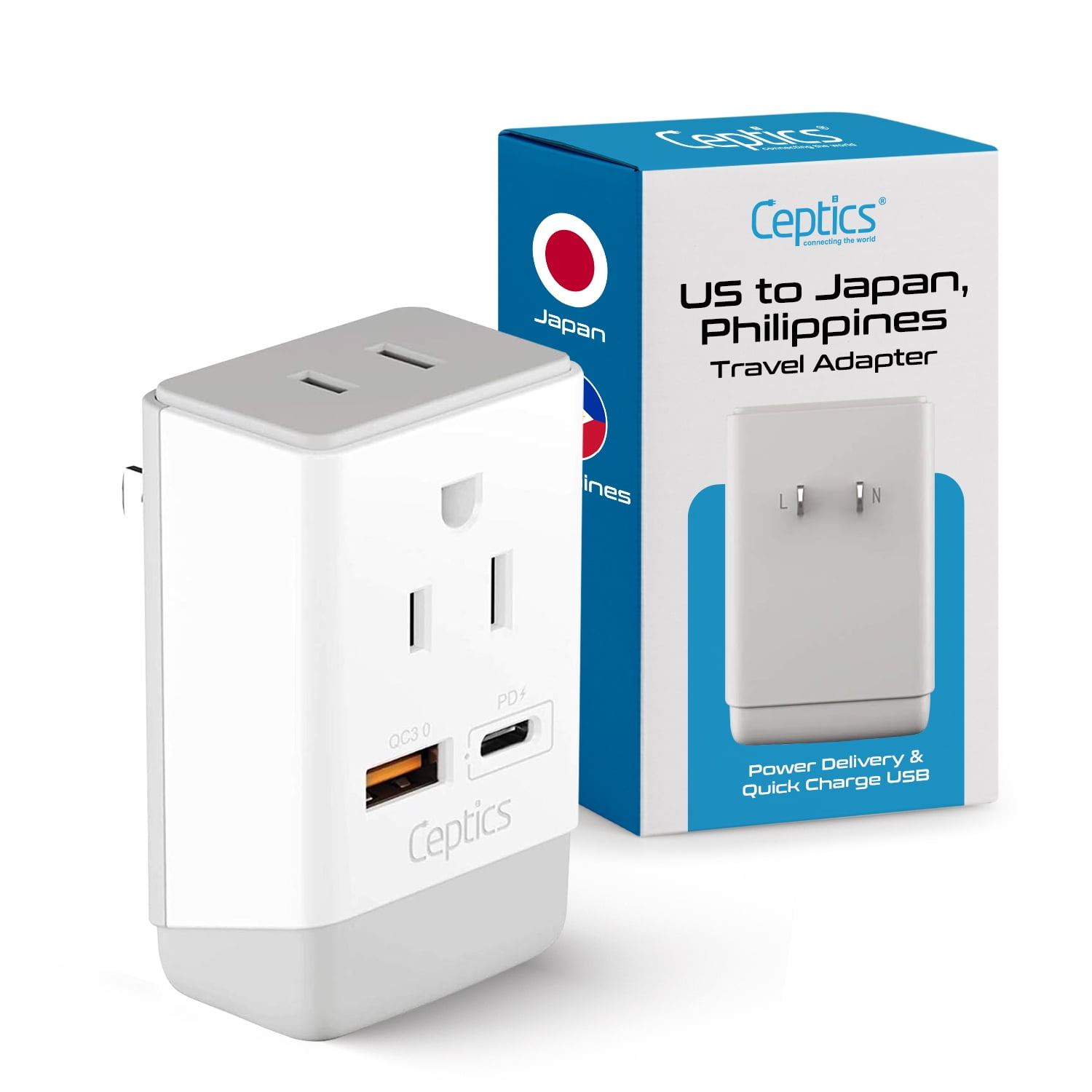 Ceptics Japan, Philippines Power Travel Plug Adapter, QC 3.0 \u0026 PD, Safe Dual USB \u0026 USB-C - 2 USA Socket Compact \u0026 Powerful - USA 3 Pin Polarized to 2 Prong Unpolarized - Type A - AP-6 Fast Charging