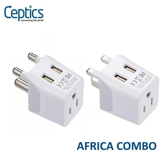 Ceptics South Africa Travel Plug Set - with 2 USB + USA Socket Input - Type M and Type G - Ultra Compact - Safe Grounded Perfect for Cell Phones, Laptops, Camera Chargers