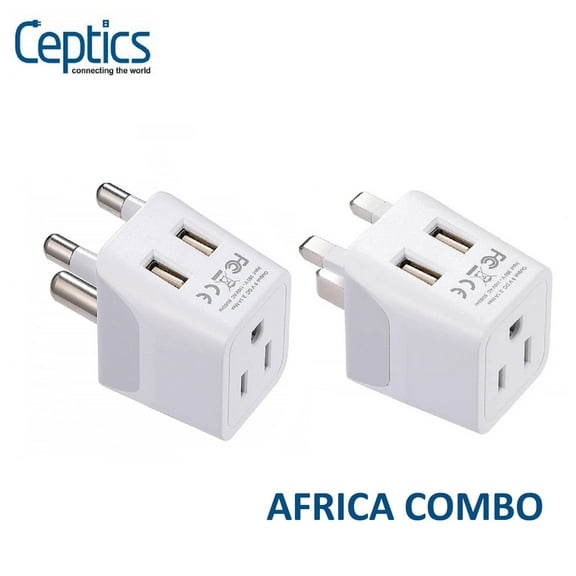 Ceptics South Africa Travel Plug Set - with 2 USB + USA Socket Input - Type M and Type G - Ultra Compact - Safe Grounded Perfect for Cell Phones, Laptops, Camera Chargers