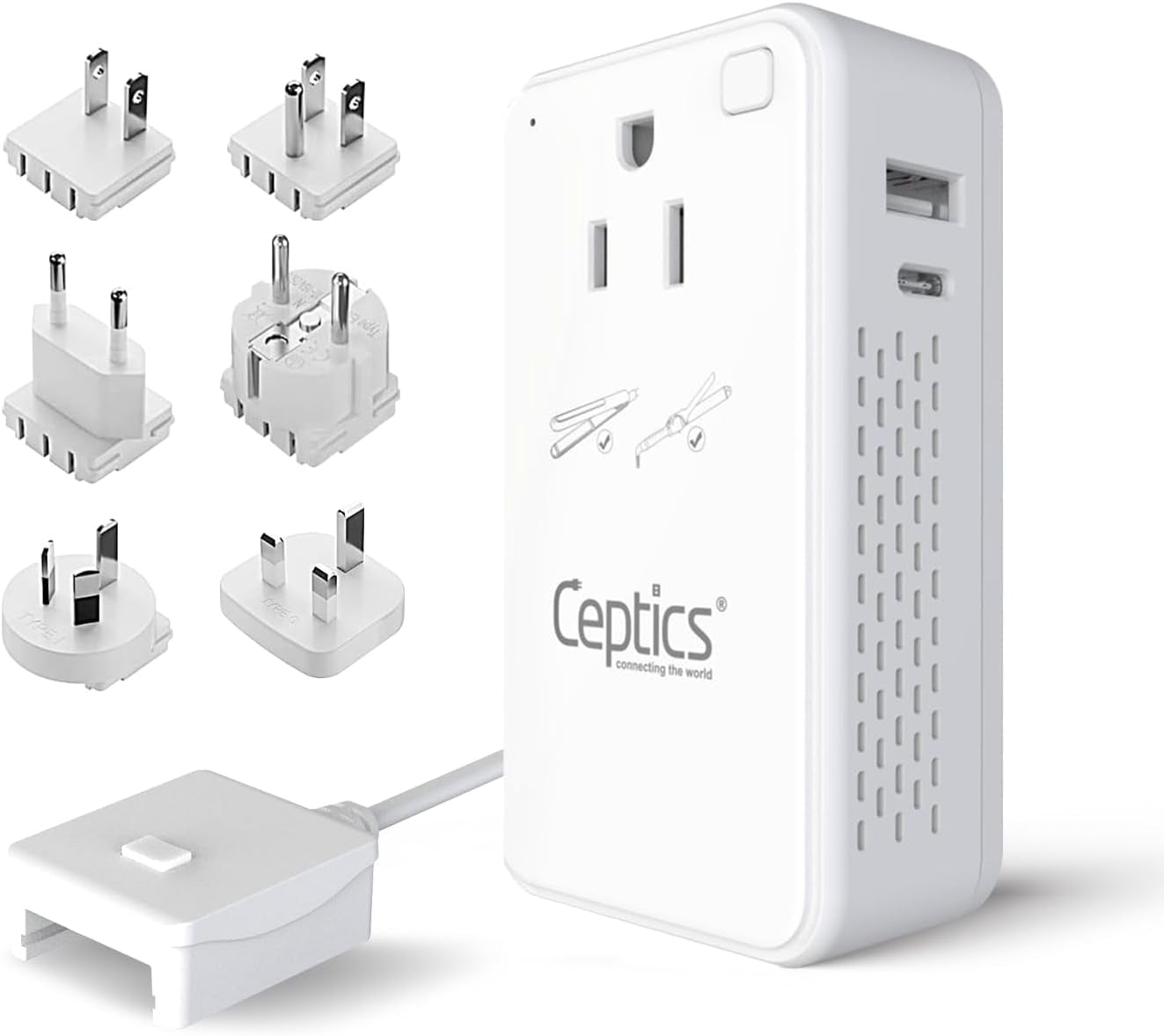 Ceptics Step Down Voltage Converter US to Europe - 200W Convert 220V to 110V for Curling Iron, Straightener, Charger – USB-A & C Fast Charging – SwadApt Type A, B, C, E/F, G, I Included