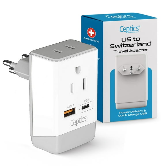 Ceptics Switzerland Plug Adapter, Travel with QC 3.0 & PD, Safe Dual USB & USB-C - 2 USA Socket Compact & Powerful - Quick Charge 3.0 & Power Delivery - Type J AP-11A - Fast Charging