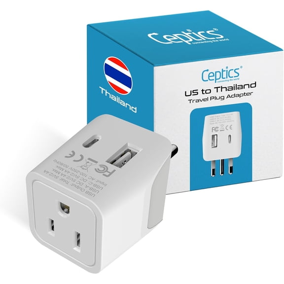 Ceptics Thailand Travel Plug Adapter Type O Power Adapter with USB-C & A + USA Input Ultra Compact,3-in-1 Safe Grounded Adapter Plug for Thailand