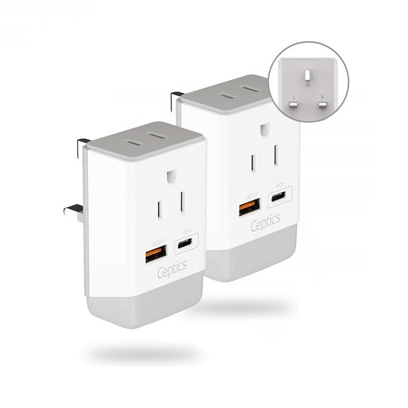 Ceptics UK Ireland Power Plug Adapter 2 Pack Set, QC 3.0 & PD, Safe Dual USB & USB-C - 2 USA Socket Compact & Powerful - Use in London UAE Dubai Kenya British Hong Kong Type G AP-7 Fast Charging