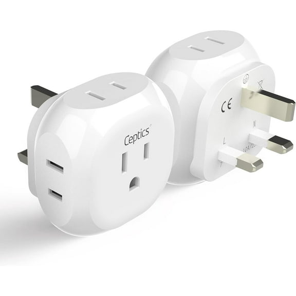 Ceptics US to UK Plug Adapter UK, Ireland Power Adapter Charger 4 Input - Ultra Compact - Light Weight - USA to Any Type G Countries Such as Hong Kong, England and More - 2 Pack (PT-7), White
