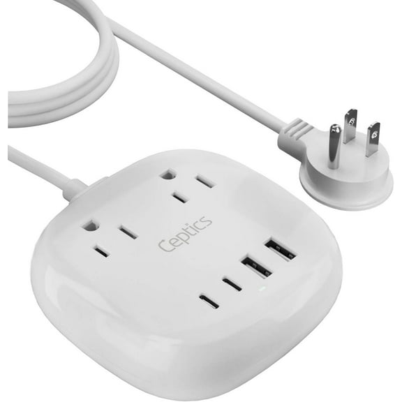 Ceptics USB Power Strip - Surge Protection - Small & Compact Travel Size - Grounded Dual USB + USB-C - Input - Powerful 21W Total, Charging Hub Station, 5 Feet Cord