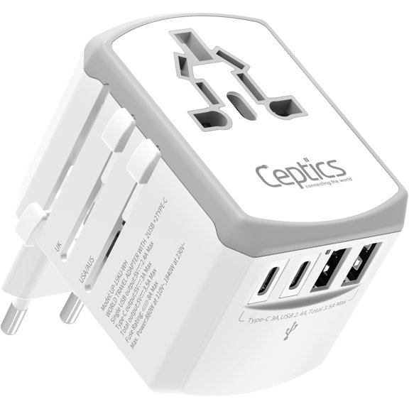 Ceptics Universal Travel Adapter 17.5W, 5 in 1 Universal Laptop Charger with 2X USB-A & USB-C 3.5A for Mobiles, Laptops, Cameras US, UK, EU, AU, All in 1 Type A, C, G, I Output, White