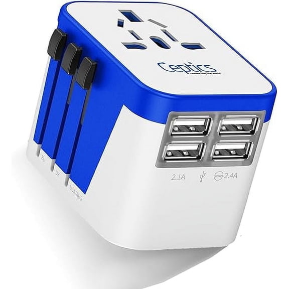 Ceptics Universal Travel Adapter Plug World Power W/ 4 USB Ports - Charge Cell Phones, Smart Watches, iPhones - For International Europe, China, UK, UAE, Australia - Type A, C, G, I