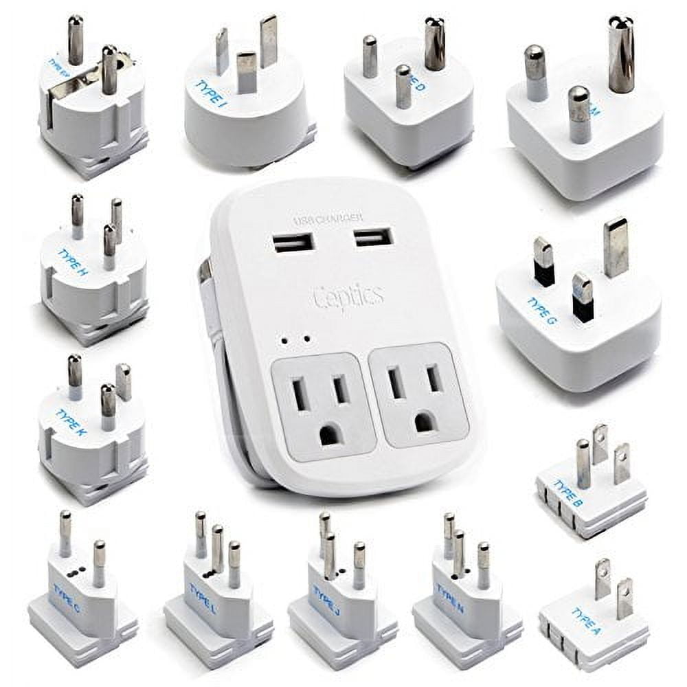 Ceptics World Travel 13 Adapter Kit - 2 USB + 2 US Outlets, Surge Protection, Plug for Europe, UK, China, Australia, Japan - Perfect for Laptop, Cell Phones (Does Not Convert Voltage)