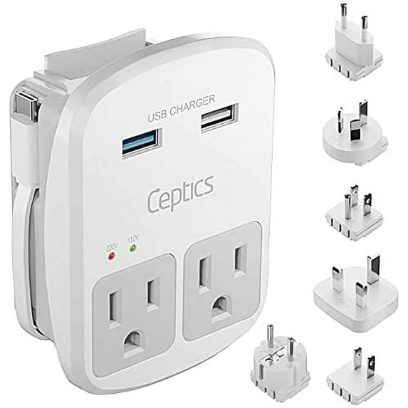 Ceptics World Travel Adapter Kit - 2 USB + 2 US Outlets, Surge Protection, Plug for Europe, UK, China, Australia, Japan