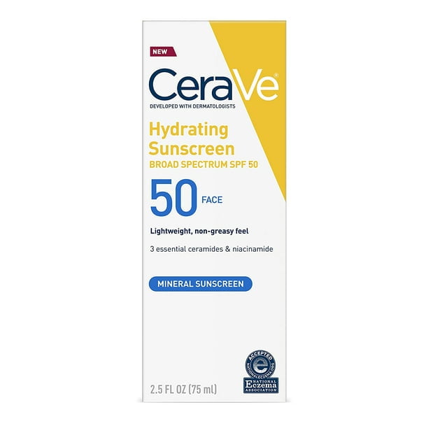 Åben offset Strøm CeraVe 100% Mineral Face Sunscreen SPF 50 with Zinc Oxide & Titanium Dioxide  for Sensitive Skin, 2.5 fl oz, 1 Pack - Walmart.com