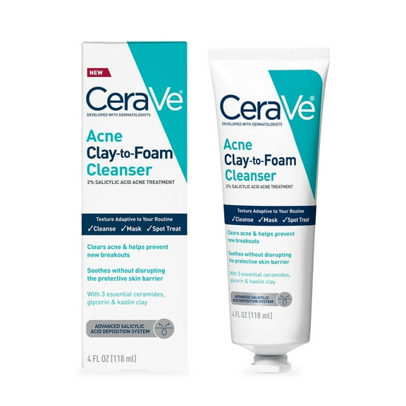 CeraVe Clay to Foam Acne Facial Cleanser, Mask & Spot Treatment for Acne Prone Skin 4 oz