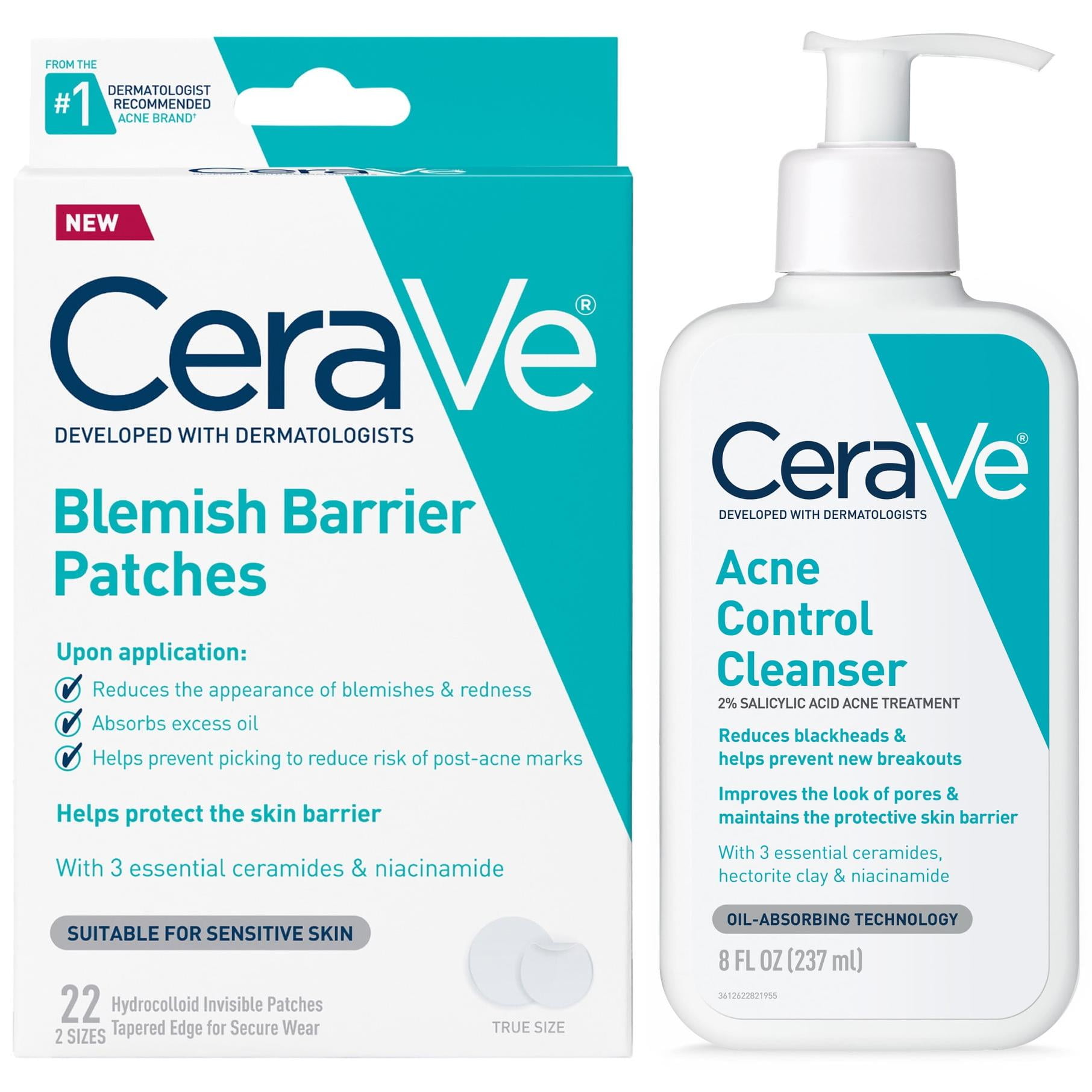 CeraVe Acne Control Cleanser & Blemish Barrier Patch Bundle Salicylic Acid Face Wash & Acne Spot Treatment
