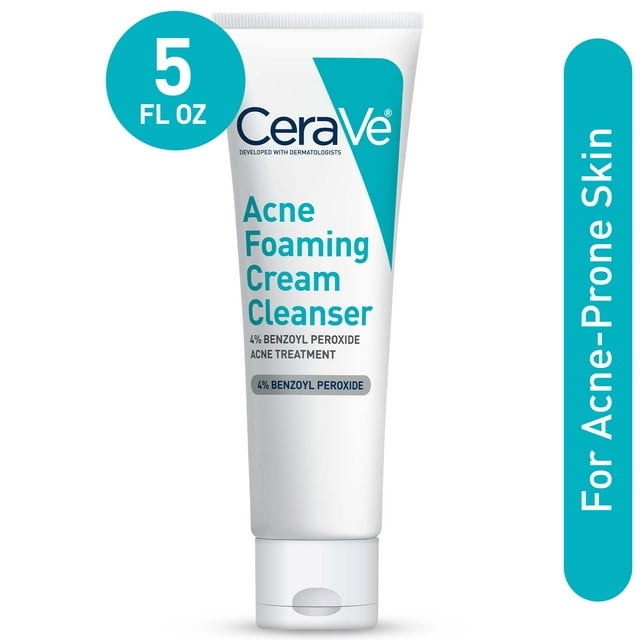 CeraVe Acne Foaming Cream Cleanser with 4% Benzoyl Peroxide for Face, 5 oz