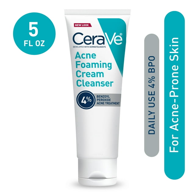 CeraVe Acne Foaming Cream Cleanser with 4 Benzoyl Peroxide for Face, 5