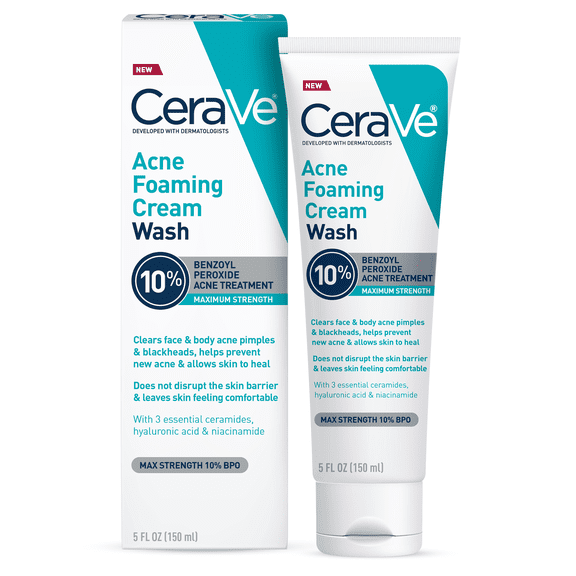 CeraVe Acne Foaming Cream Face Wash, 10% Benzoyl Peroxide Treatment, 5 fl oz