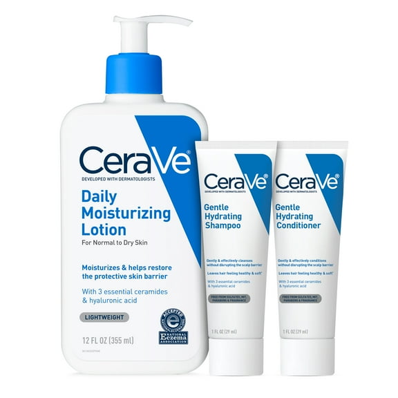 CeraVe Daily Moisturizing Lotion 12 oz, Gentle Hydrating Shampoo & Conditioner (2 x 1oz)