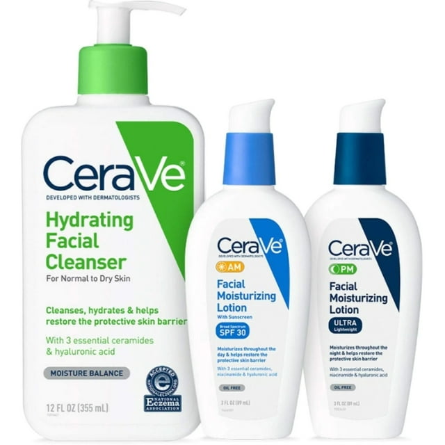 CeraVe Daily Skincare for Dry Skin Hydrating Face Wash, AM Face Moisturizer with SPF 30, and