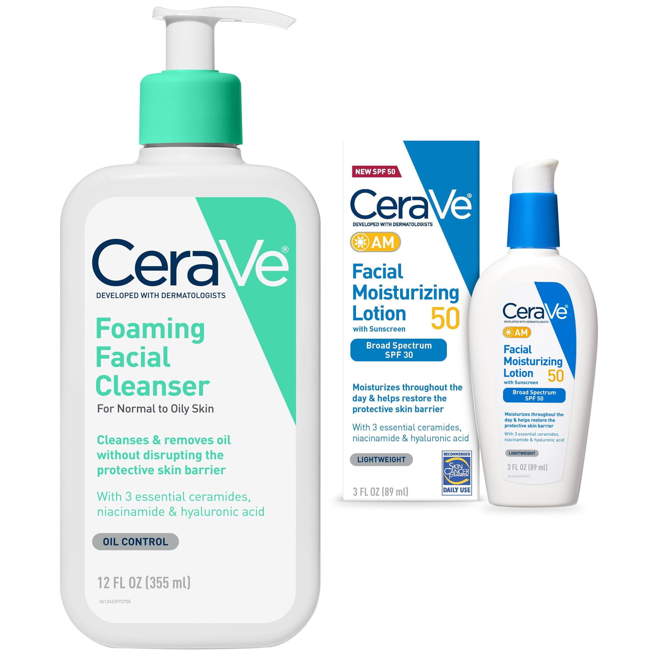 CeraVe Foaming Facial Cleanser and AM Facial Moisturizing Lotion SPF 50 Bundle, Normal to Oily Skin