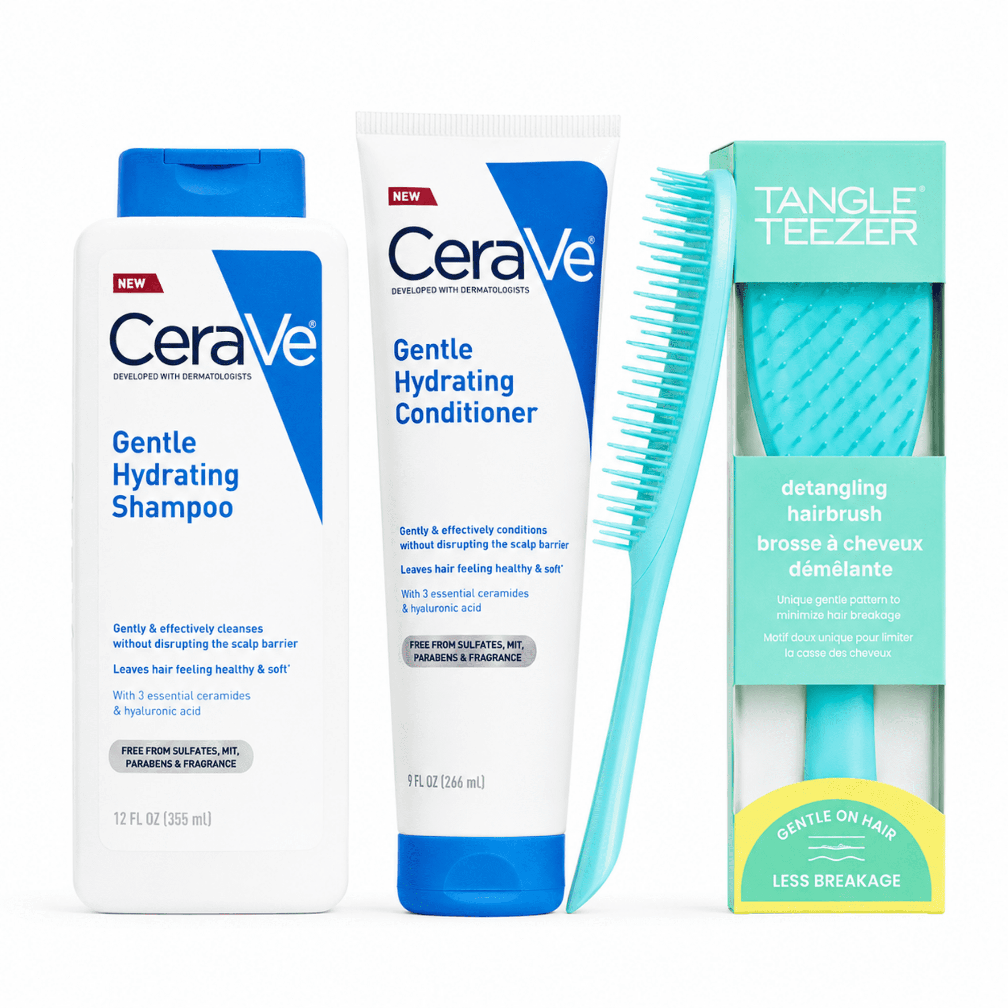 CeraVe Gentle Hydrating Shampoo and Conditioner Set with Tangle Teezer The Essential Detangler Brush