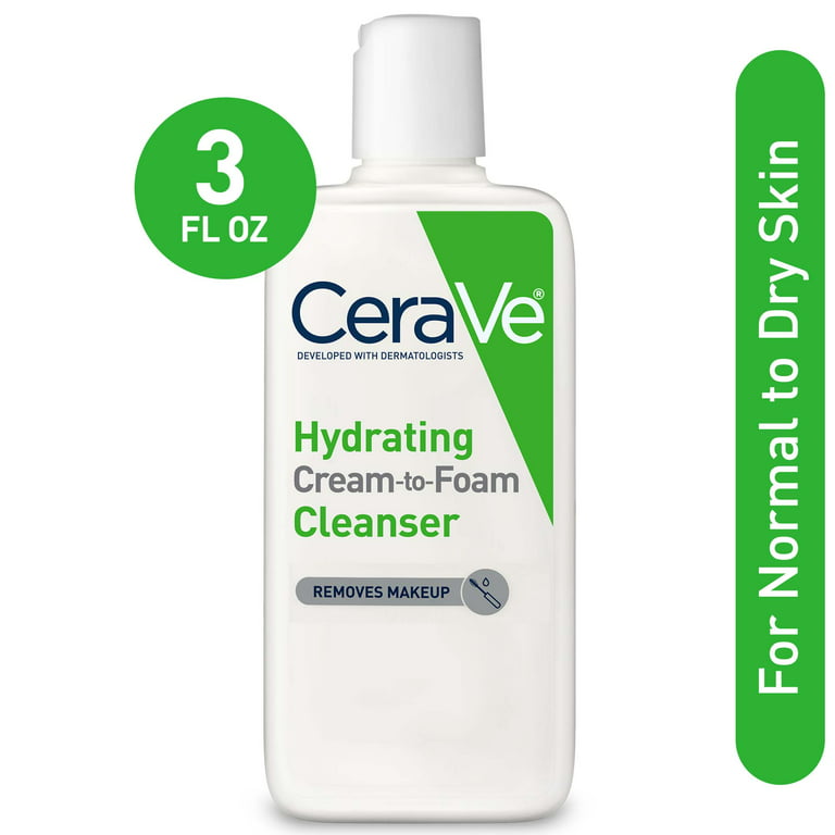 CeraVe Hydrating Cream-to-Foam Facial Cleanser with Hyaluronic Acid for  Normal to Dry Skin, 3 fl oz 