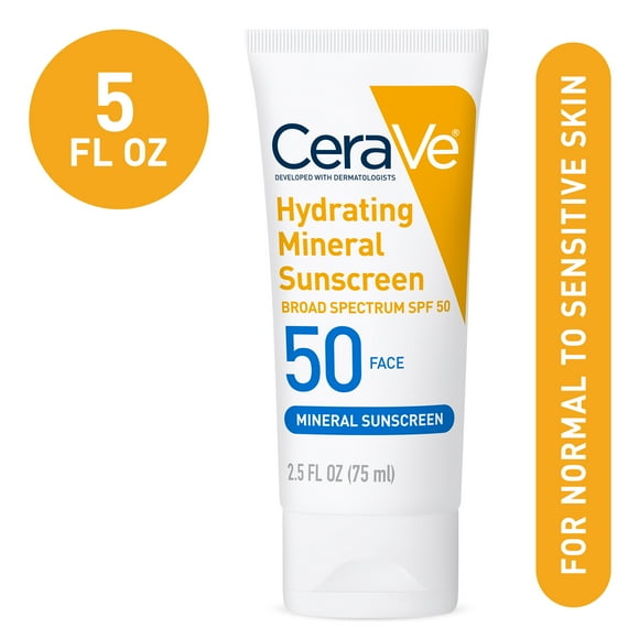 CeraVe Hydrating Face Mineral Sunscreen Lotion SPF 50 for All Skin Types, 2.5 fl oz