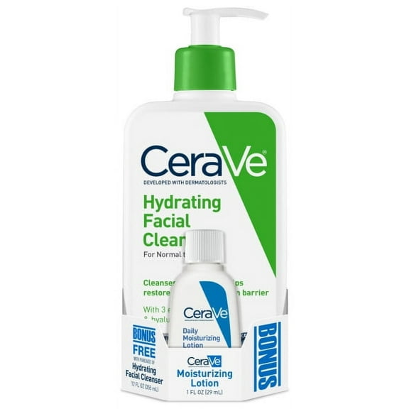 CeraVe Hydrating Facial Cleanser, Face Wash for Normal to Dry Skin, 12 fl oz + BONUS CeraVe Lotion Sample