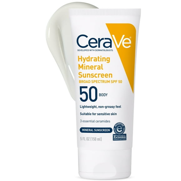 CeraVe Hydrating Mineral Sunscreen SPF 50 Body Lotion for Sensitive Skin, Kids & Adults 5 fl oz