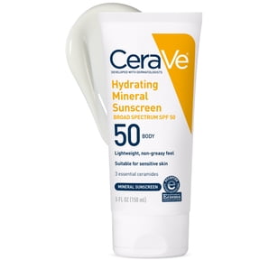 CeraVe Hydrating Mineral Sunscreen SPF 50 for Sensitive Skin, Kids & Adults Body Lotion 5 fl oz
