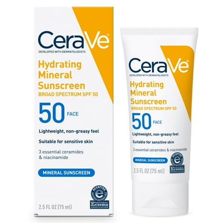 CeraVe Hydrating Mineral Sunscreen SPF 50 Face Lotion for Sensitive Skin, Kids & Adults, 2.5 oz
