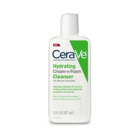 CeraVe Travel Size Hydrating Cream-to-Foam Facial Cleanser for Normal to Dry Skin 3 fl oz