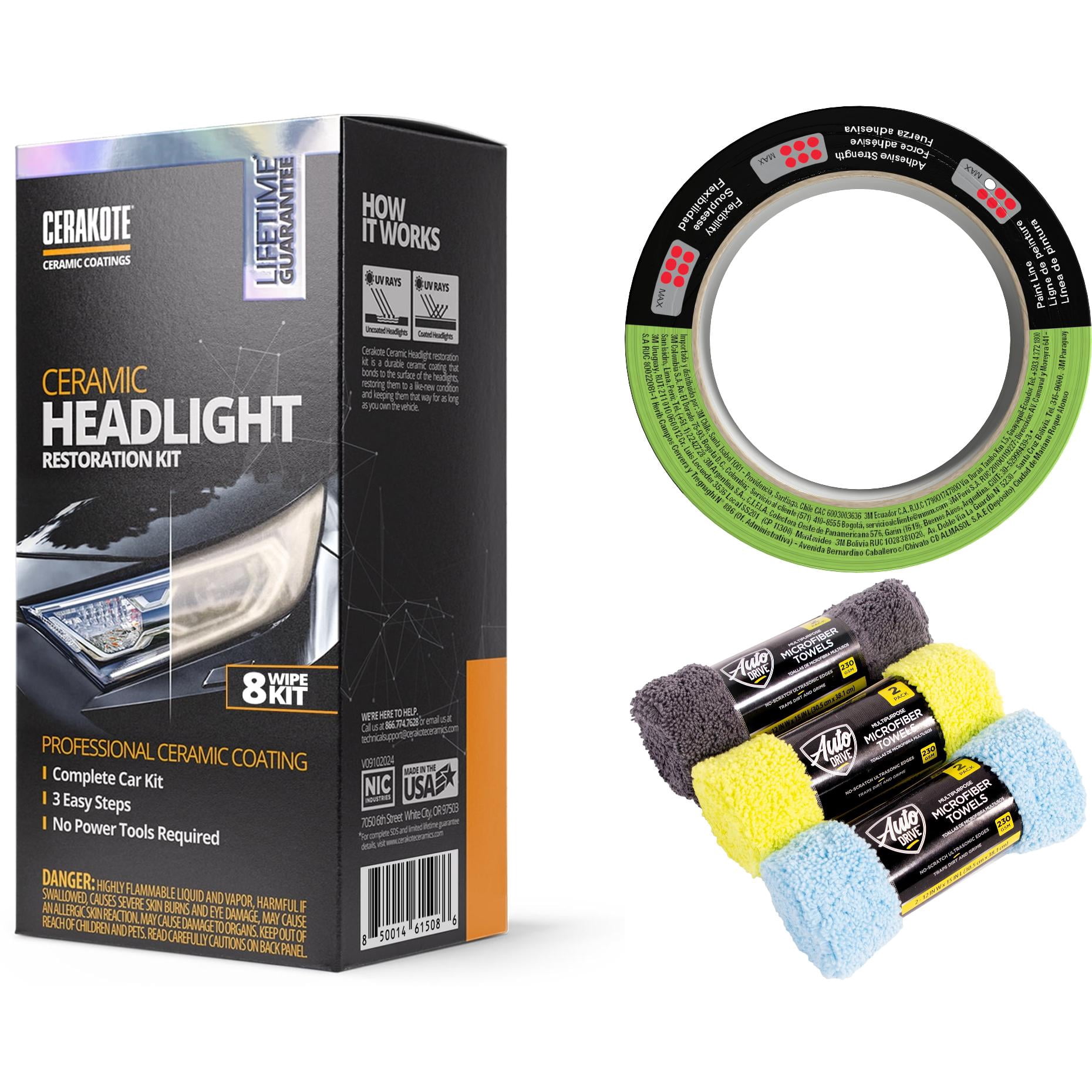 Cerakote Headlight Restoration Bundle with 3M Masking Tape and Auto Drive Microfiber Towels