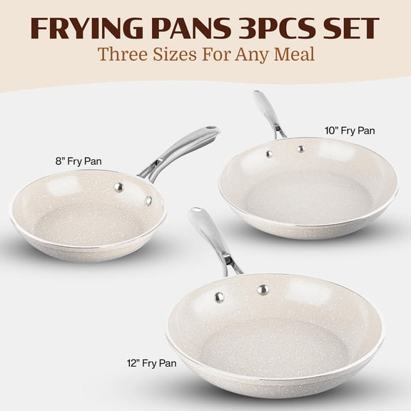 Ceraluxe 3pc Non Stick Frying Pans Set, 8,10,12 inch Ceramic Frying Pan Skillet Set, Non Toxic Frying pans Nonstick for Cooking, Induction Ready, PFOA , Oven & Dishwasher Safe - Taupe