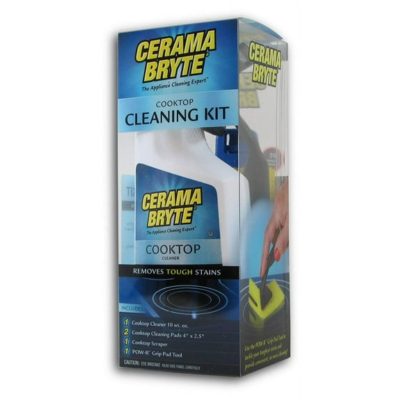 Cerama Bryte - Cooktop Cleaning Kit - Includes 10 oz. Bottle of Cerama Bryte Cooktop Cleaner, 2 Cleaning Pads, 1 POW-R Grip Pad Tool and 1 Scraper packed in Reusable Container