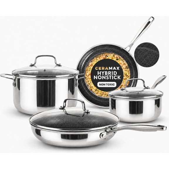 Ceramax 12 Pc Stainless Steel Pots and Pans Set Non Stick with New Tektanium Technology, Hybrid Ceramic Micro Textured Cookware Set with Etched Design, Induction Ready Frying Pan Skillet Set, Black