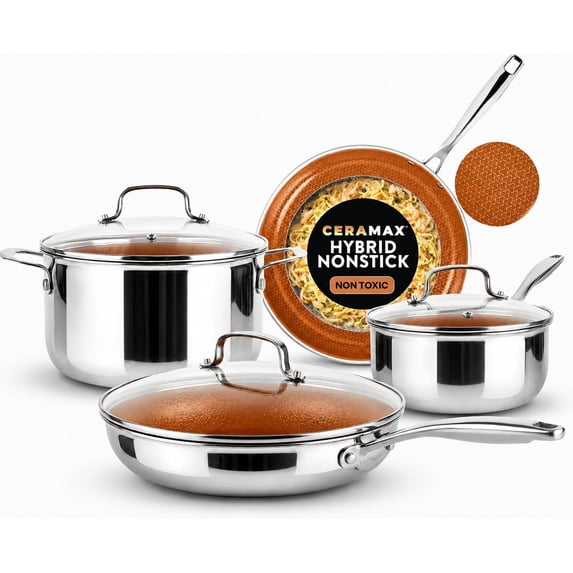 Ceramax 12 Pc Stainless Steel Pots and Pans Set Non Stick with New Tektanium Technology, Hybrid Ceramic Micro Textured Cookware Set with Etched Design, Induction Ready Frying Pan Skillet Set